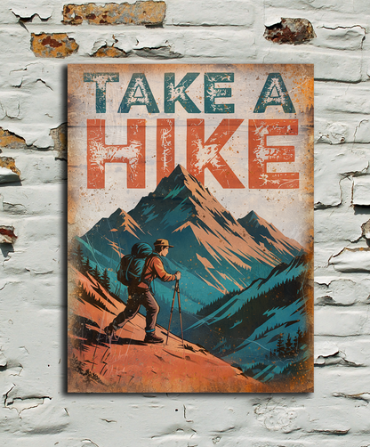 Poster with 'Take a Hike' text on a textured wall