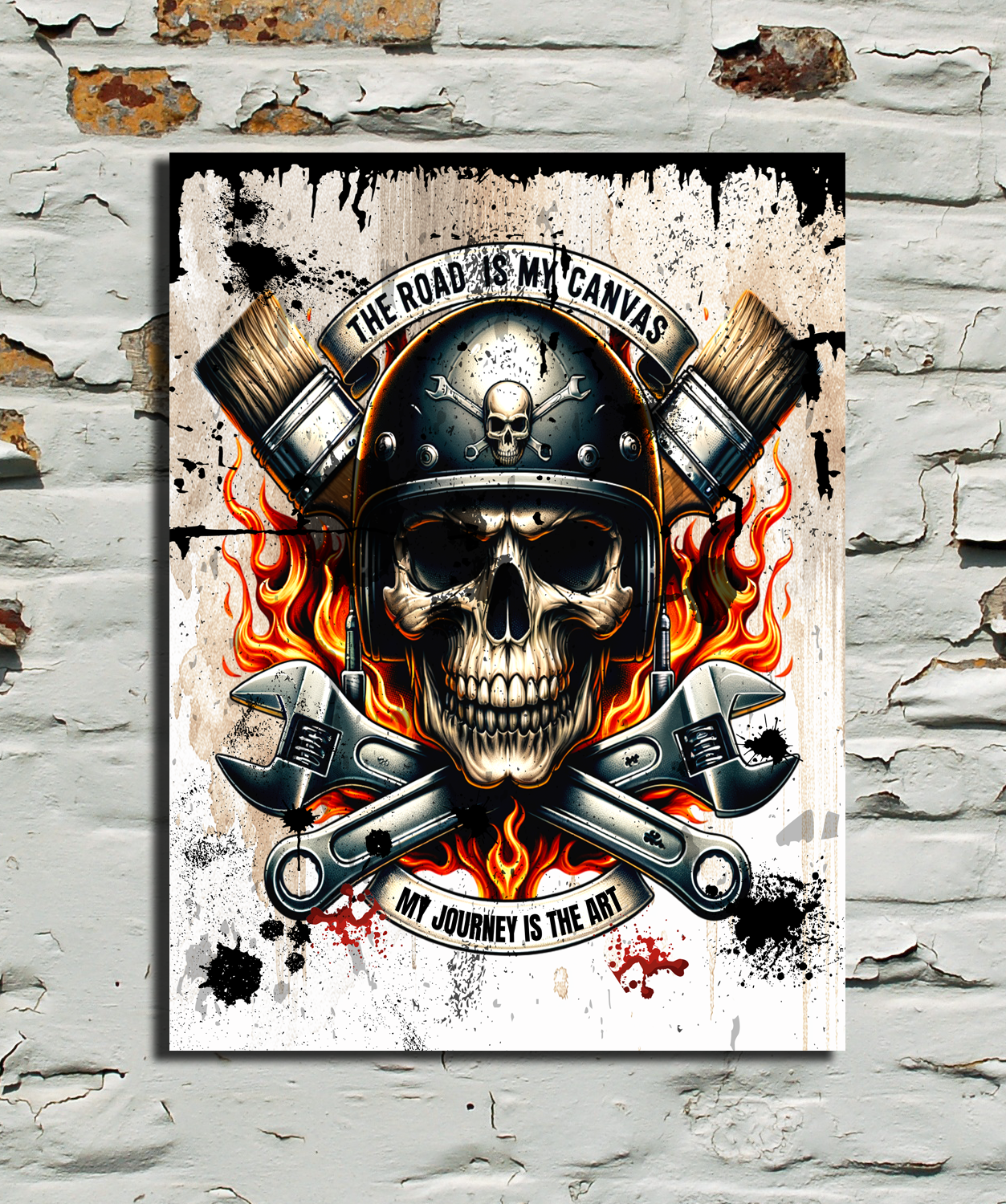 Skull and crossbones design on a poster against a textured wall.