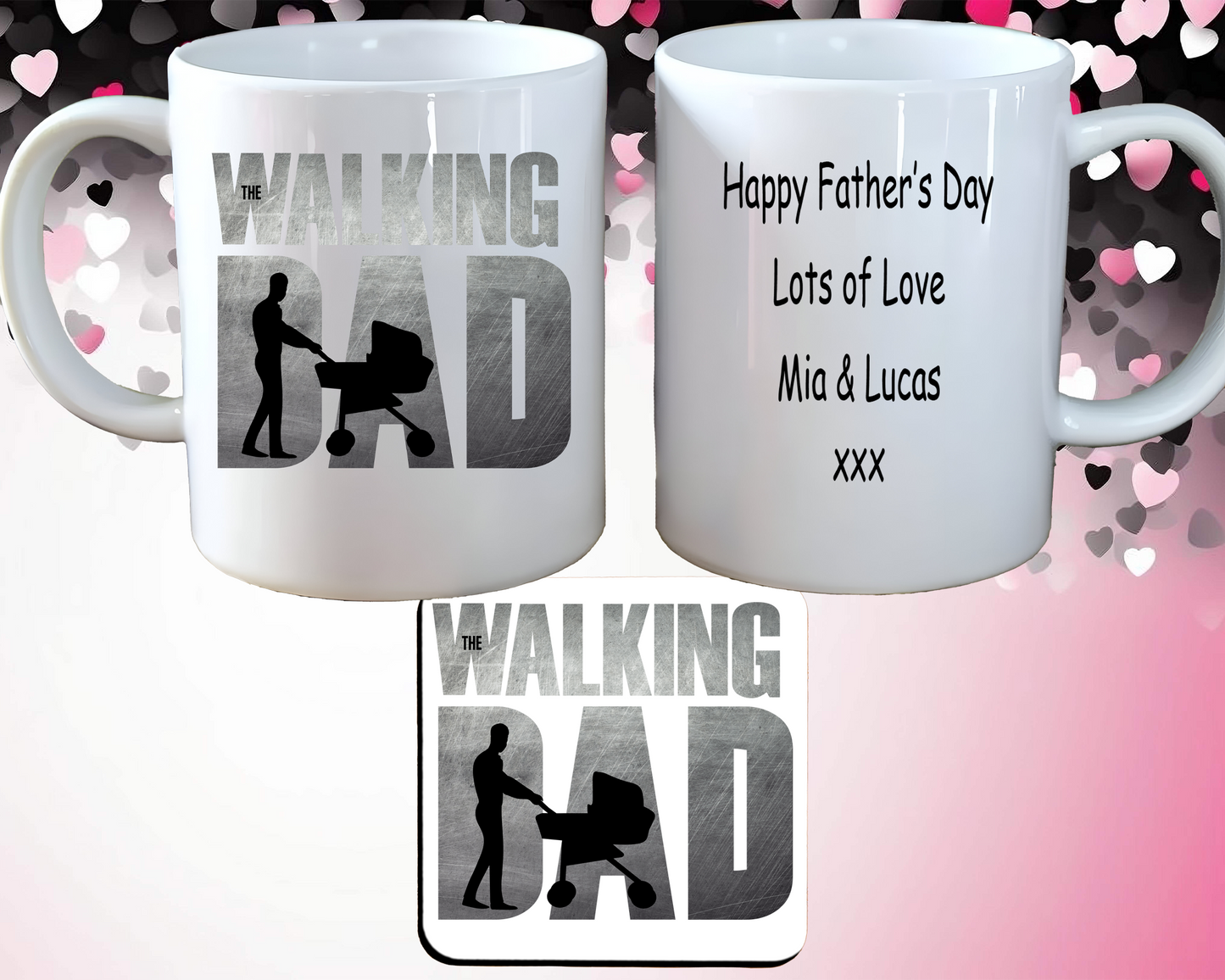 Personalised Father's Day Mug & Coaster set, Walking dad, with Gift Box