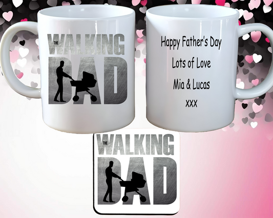 Personalised Father's Day Mug & Coaster set, Walking dad, with Gift Box