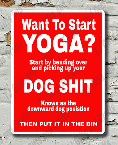 Red sign with humorous text on a textured wall background
