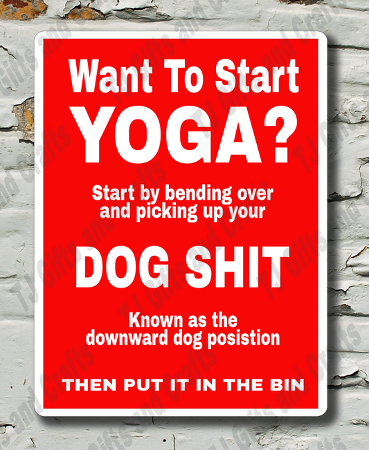 Red sign with humorous text on a textured wall background