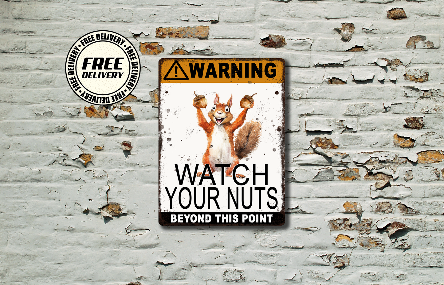 Warning sign with a cartoon squirrel on a brick wall background