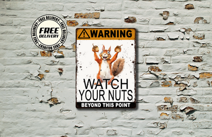 Warning sign with a cartoon squirrel on a brick wall background